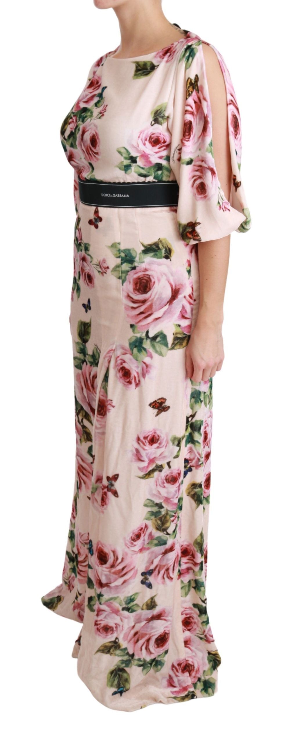 Elegant Pink Velvet Rose Print Maxi Dress