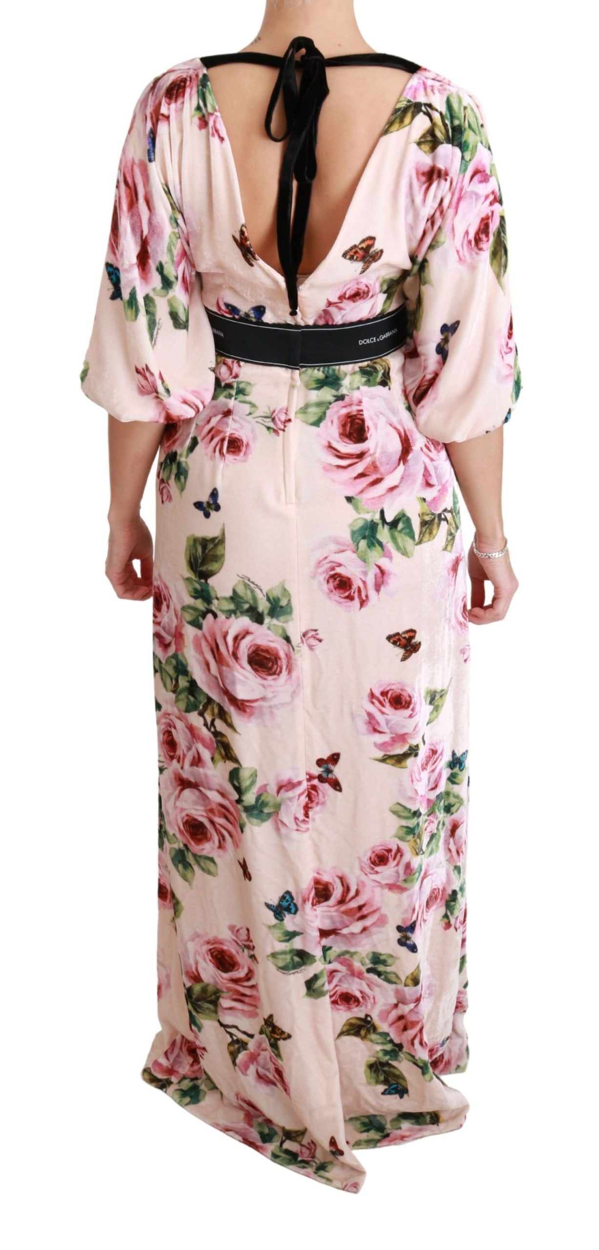 Elegant Pink Velvet Rose Print Maxi Dress