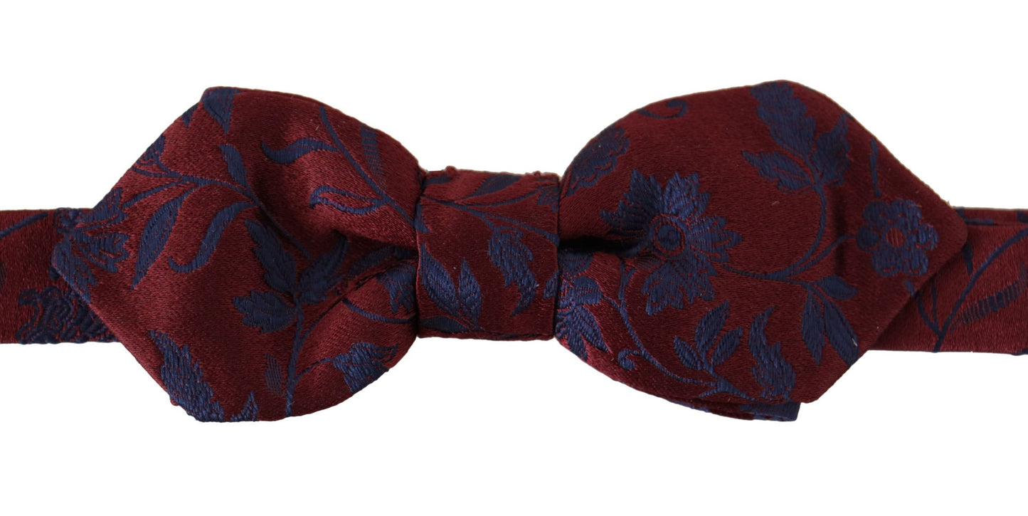 Maroon Silk Bow Tie with Blue Flower Pattern