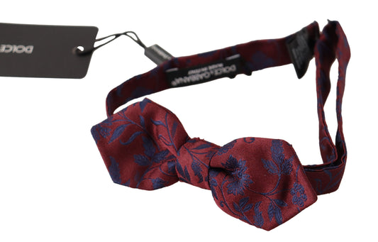 Maroon Silk Bow Tie with Blue Flower Pattern