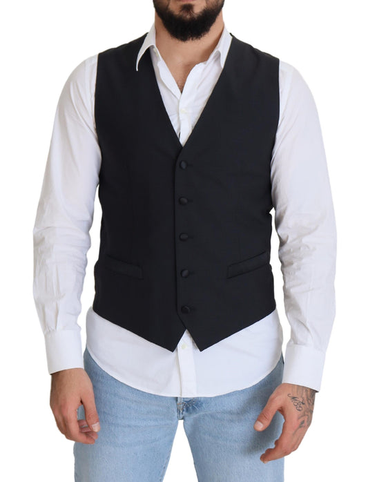 Black Wool Stretch Waistcoat Formal Vest