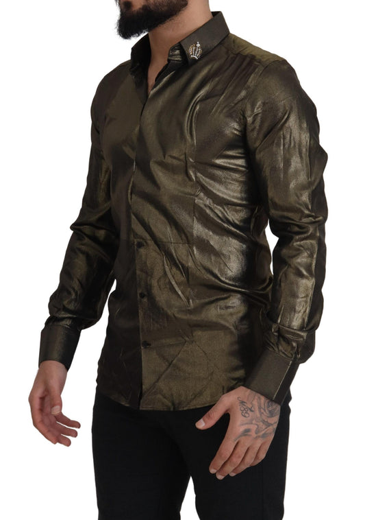 Elegant Gold Slim Fit Shirt with Crown Embroidery