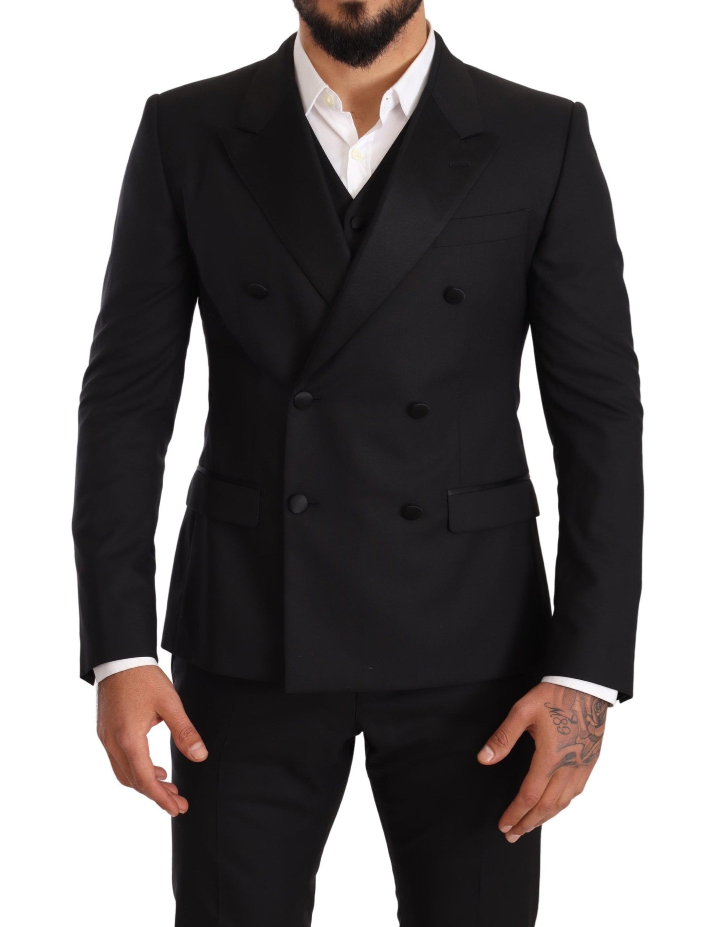 Sleek Black Three-Piece Wool Silk Suit