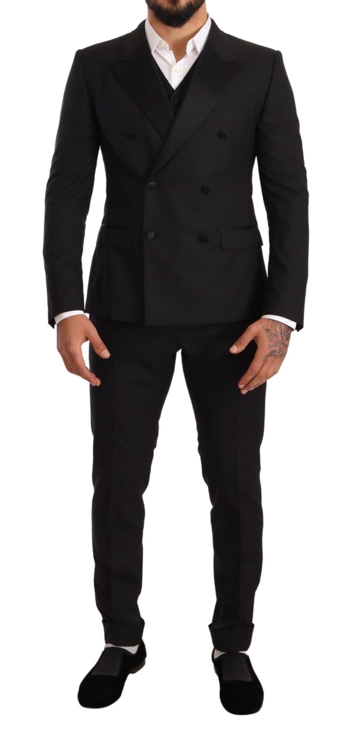 Sleek Black Three-Piece Wool Silk Suit