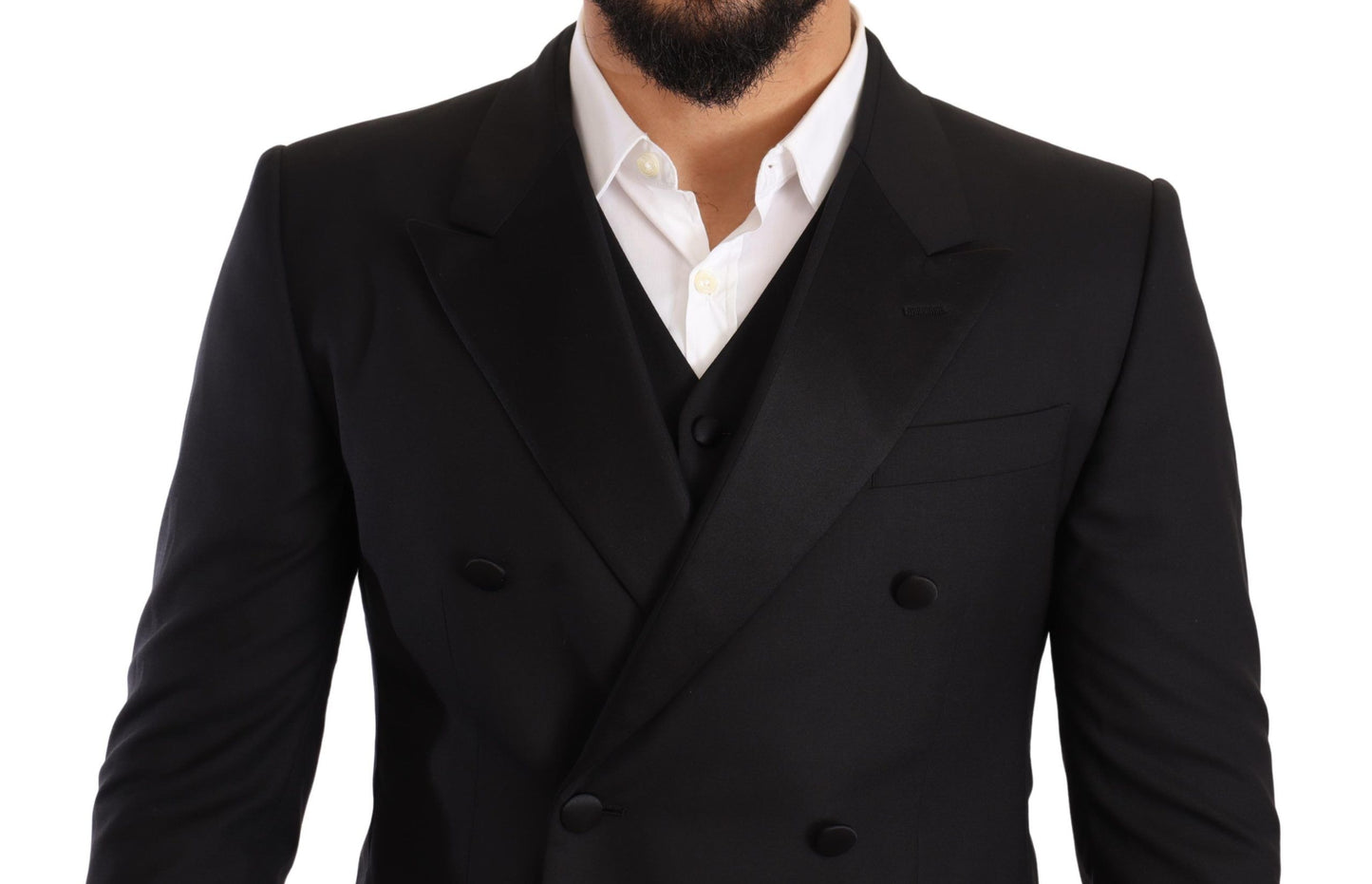 Sleek Black Three-Piece Wool Silk Suit