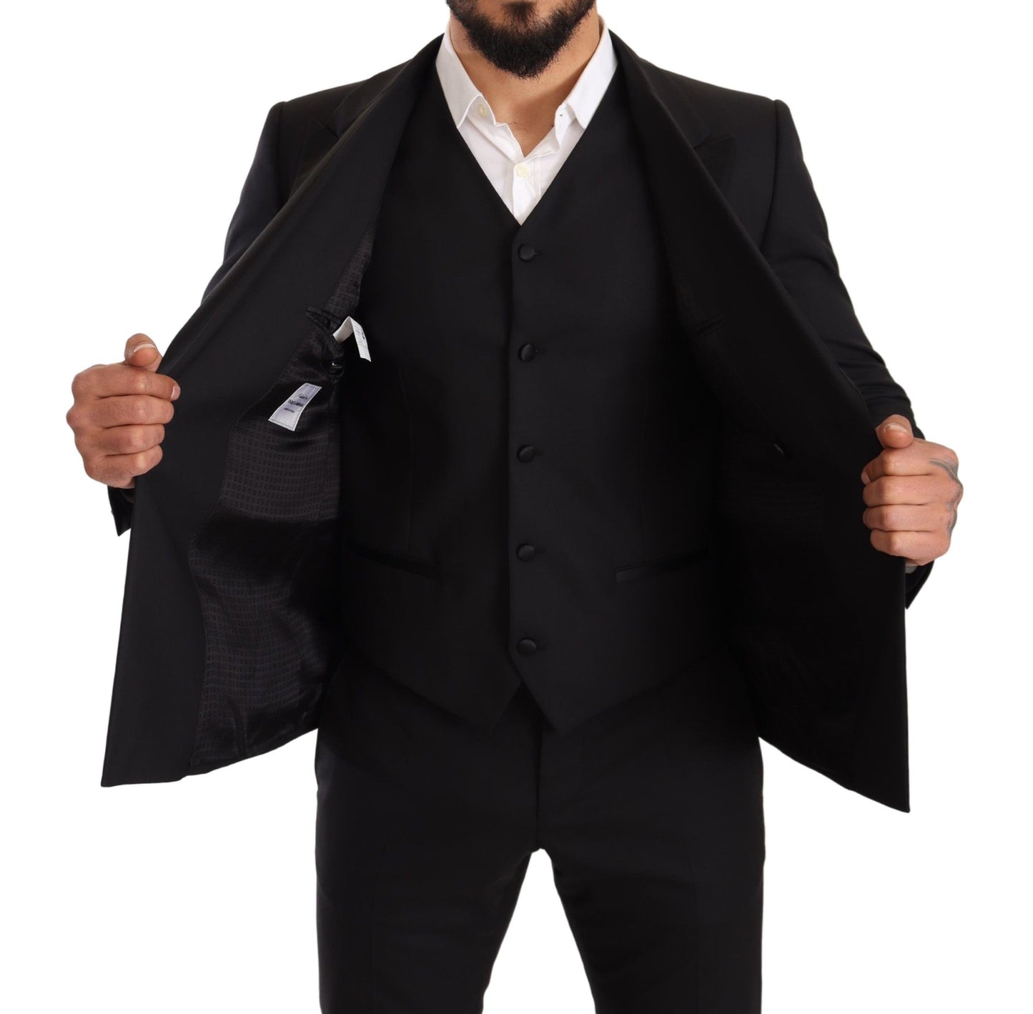 Sleek Black Three-Piece Wool Silk Suit