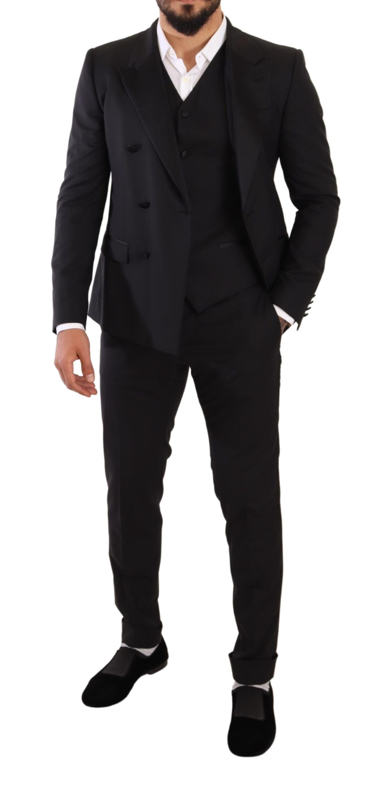 Sleek Black Three-Piece Wool Silk Suit