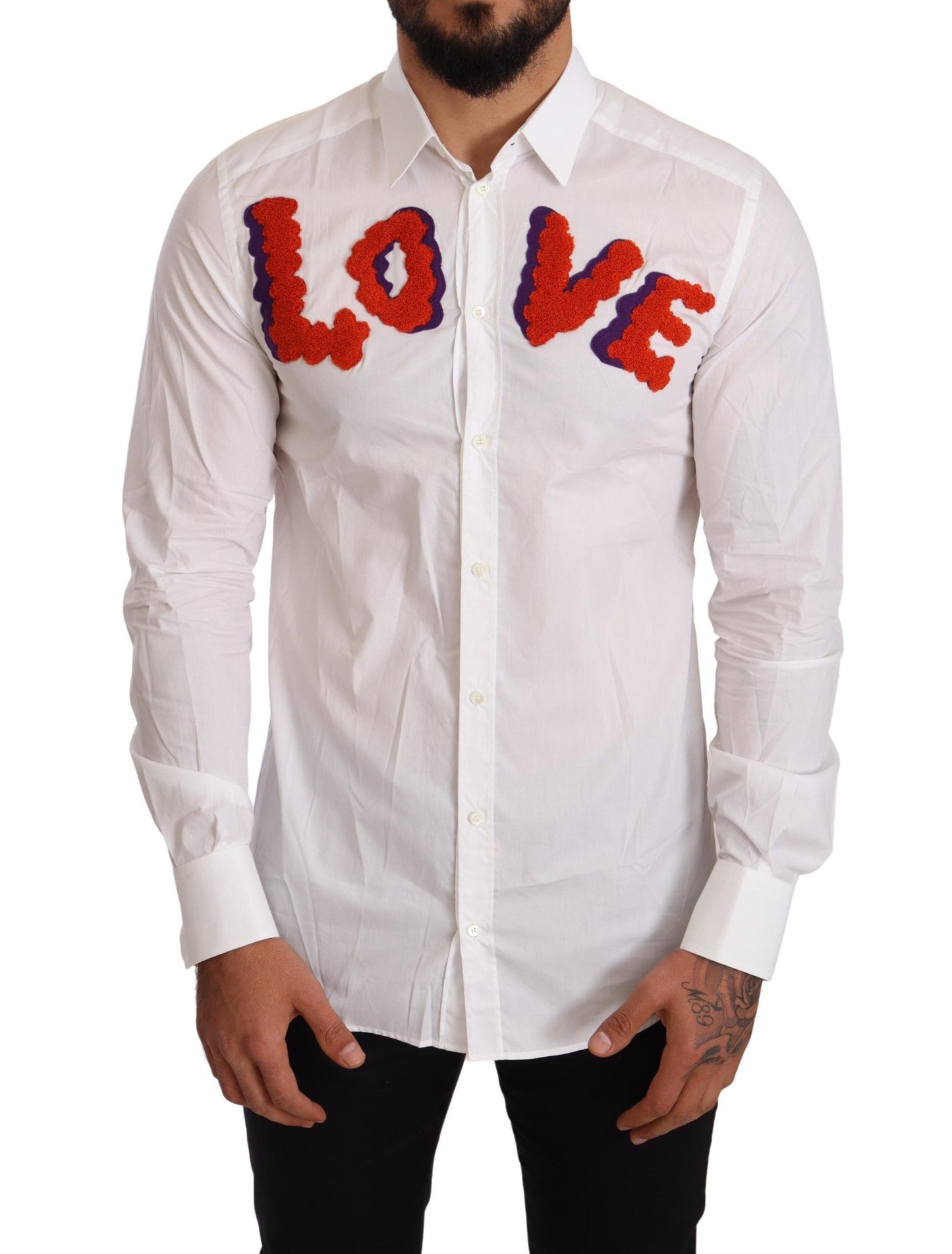 Elegant White Cotton Poplin Shirt with Love Patch