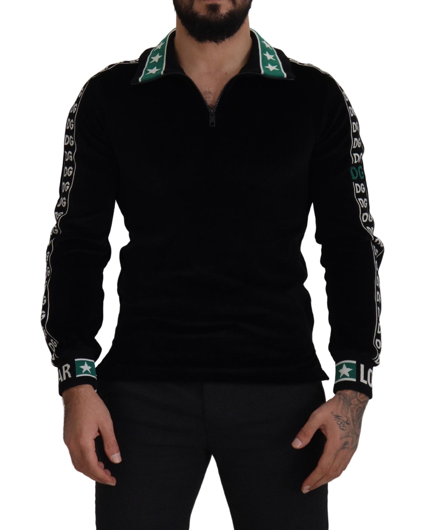 Elegant Black Velvet Monogram Polo Sweater