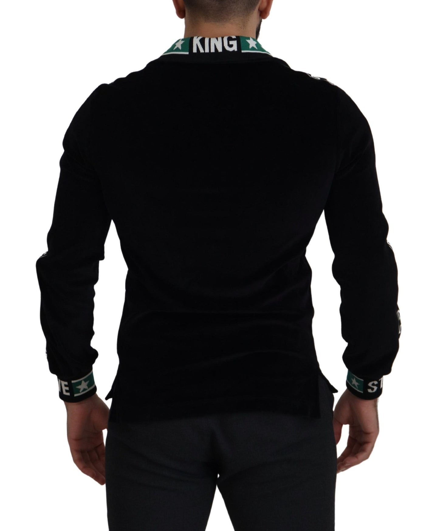 Elegant Black Velvet Monogram Polo Sweater