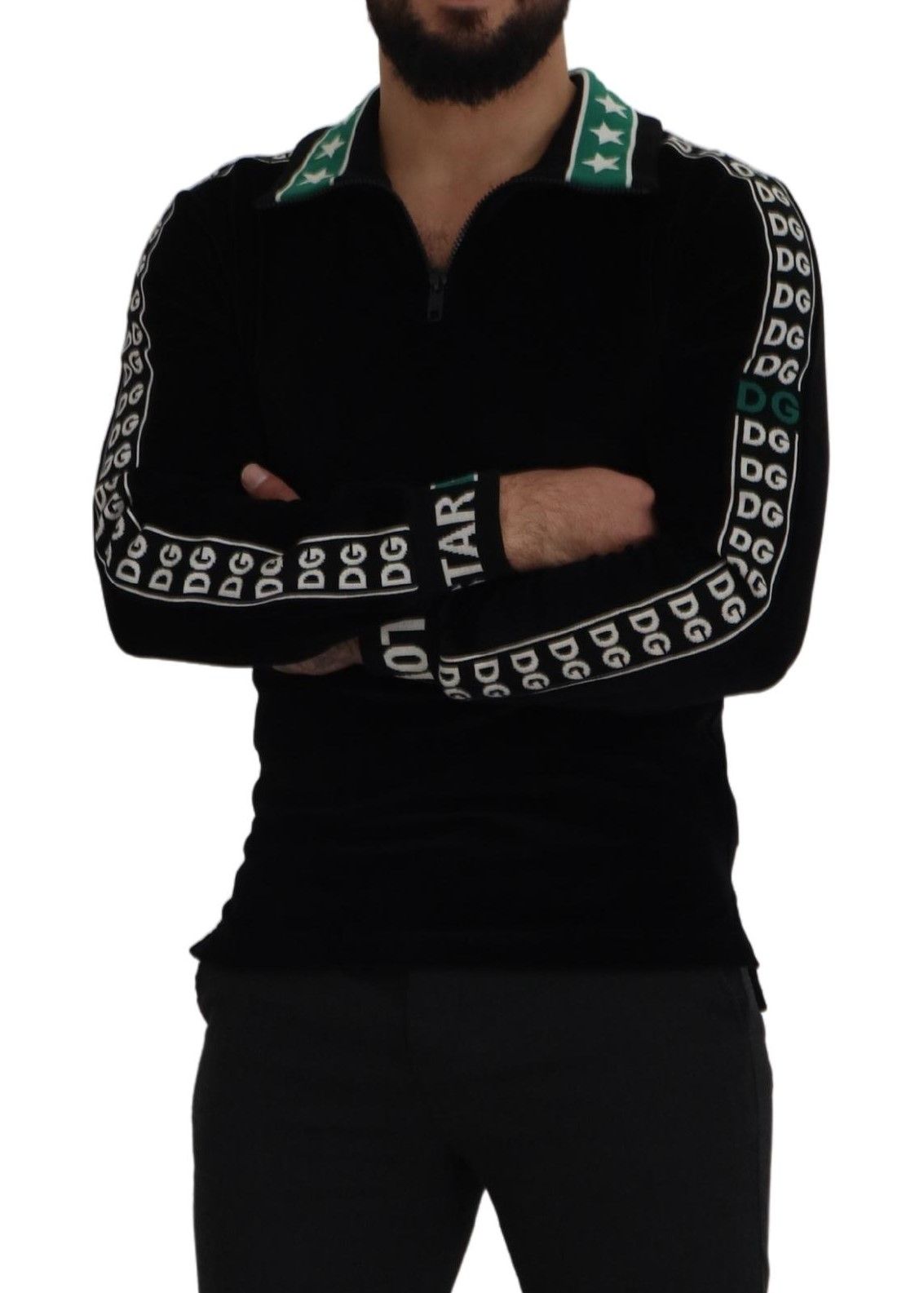 Elegant Black Velvet Monogram Polo Sweater