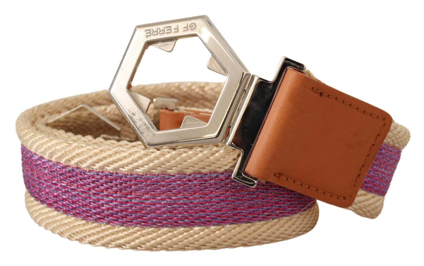 Multicolor Leather Silver Hexagon Logo Buckle Belt