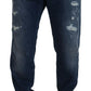 Blue Tattered Cotton Stretch Slim Denim Jeans