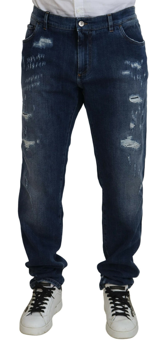 Blue Tattered Cotton Stretch Slim Denim Jeans