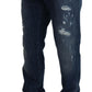 Blue Tattered Cotton Stretch Slim Denim Jeans