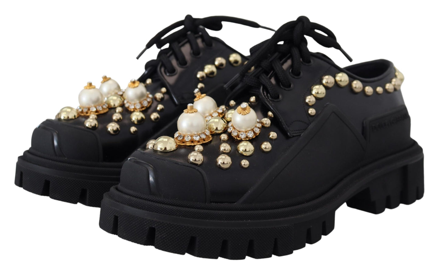 Black Leather Trekking Derby Embellished Shoes