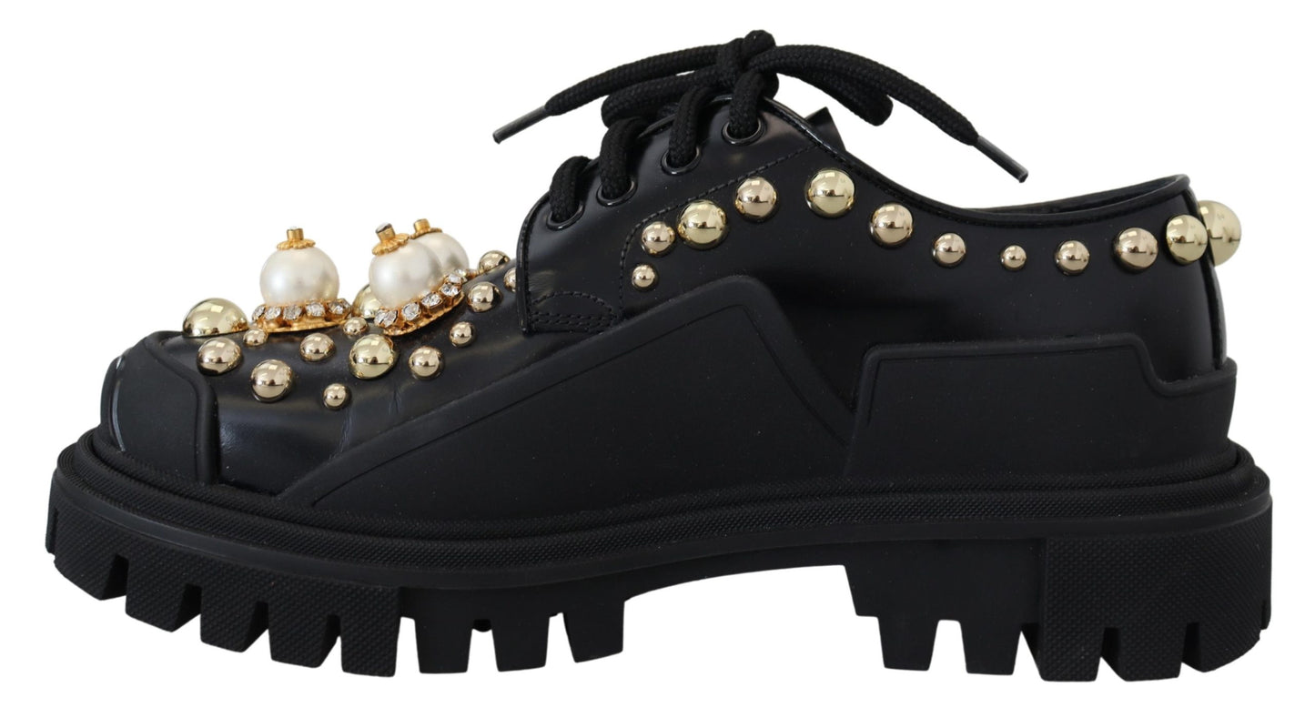 Black Leather Trekking Derby Embellished Shoes