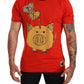Chic Red Piggy Bank Print Tee with Black Piping