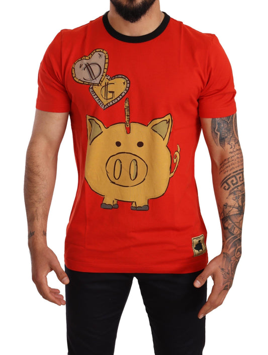 Chic Red Piggy Bank Print Tee with Black Piping