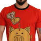Chic Red Piggy Bank Print Tee with Black Piping