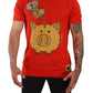 Chic Red Piggy Bank Print Tee with Black Piping