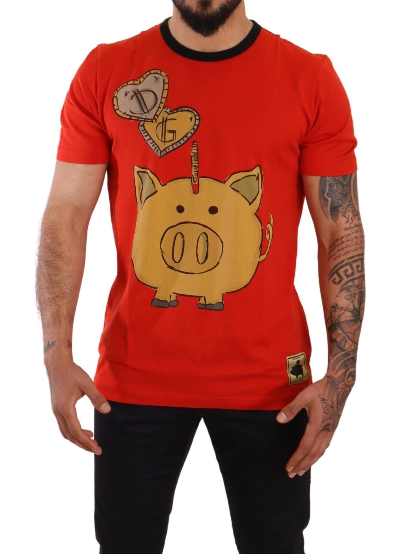 Chic Red Piggy Bank Print Tee with Black Piping