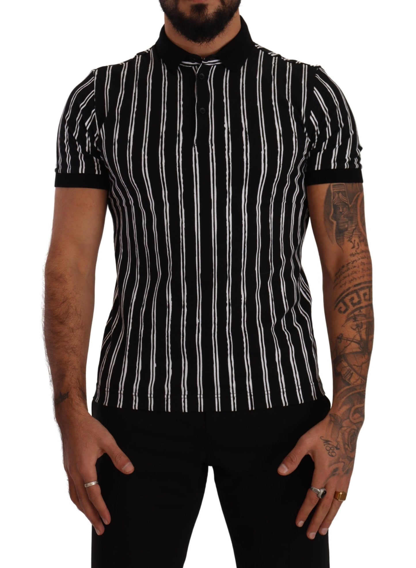 Black White Striped Polo Short Sleeve  T-shirt