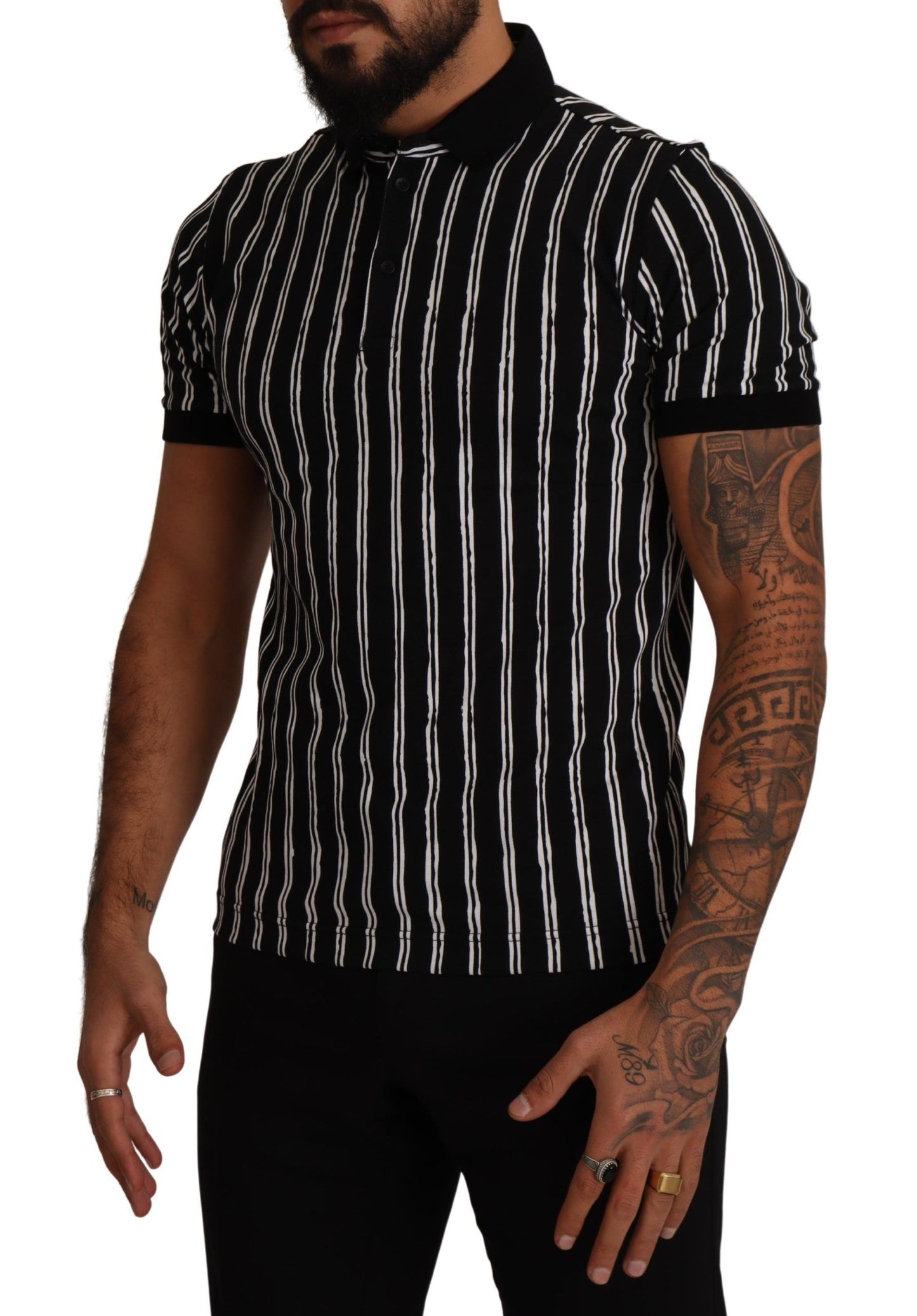 Black White Striped Polo Short Sleeve  T-shirt