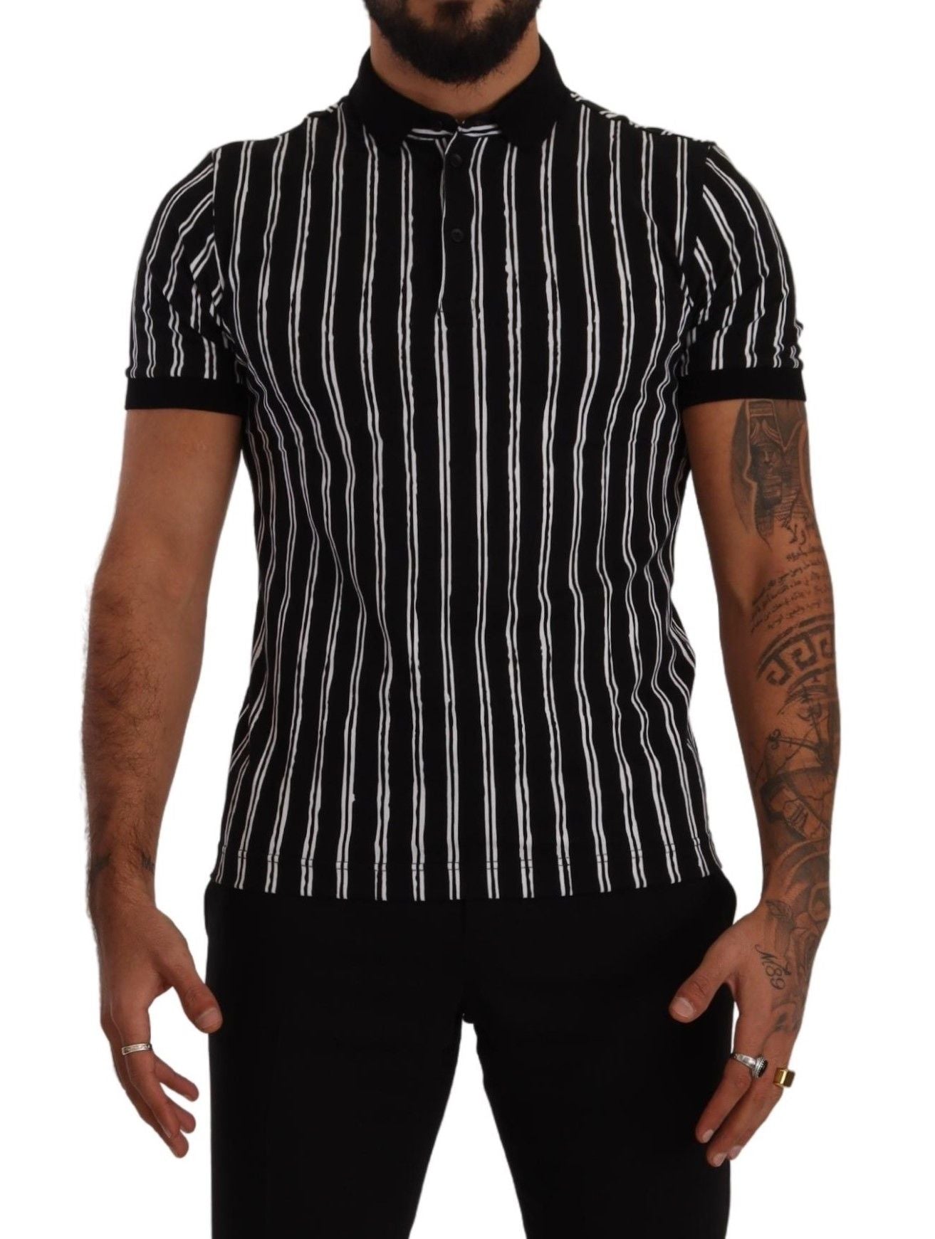 Black White Striped Polo Short Sleeve  T-shirt