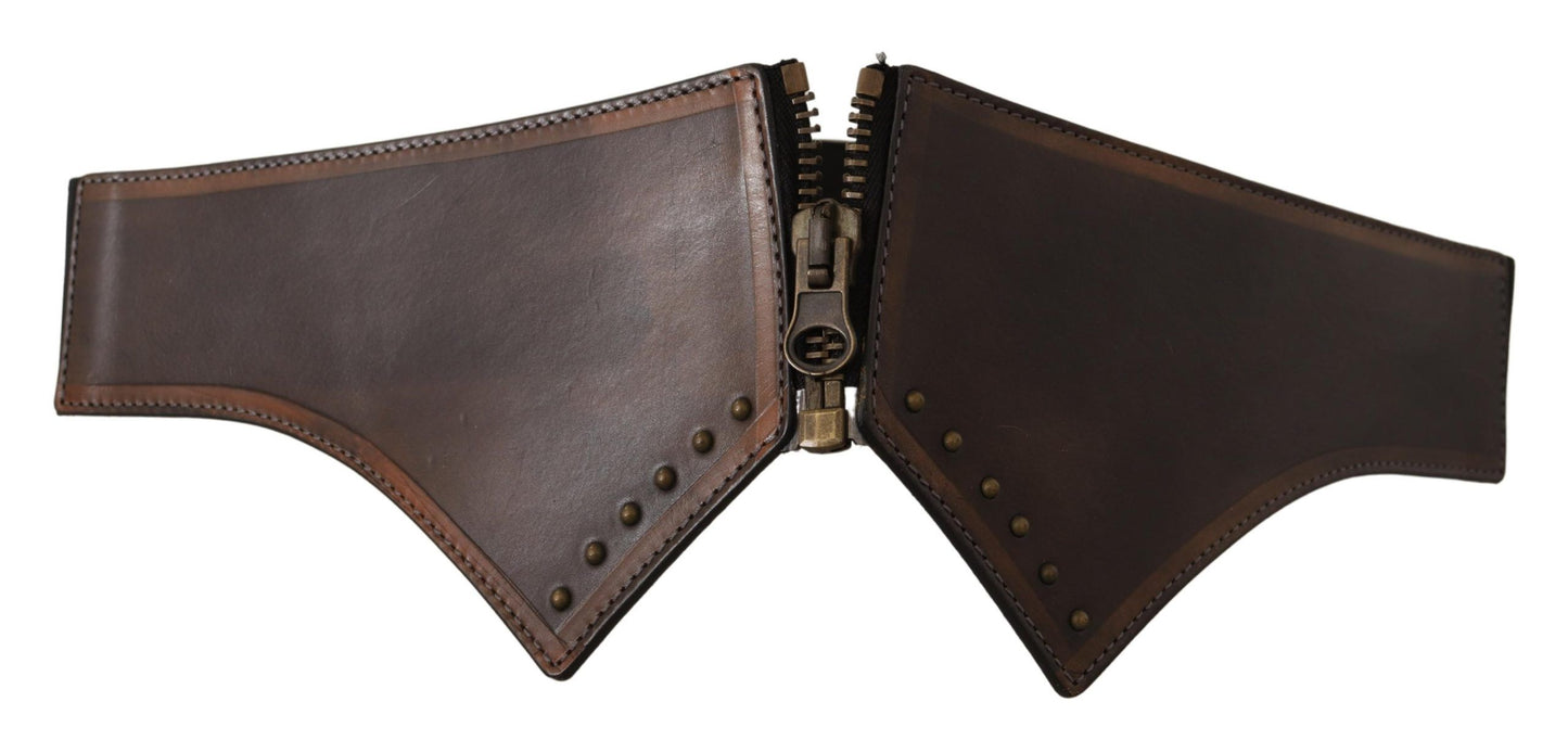 Elegant Brown Leather Waist Belt with Zipper Closure