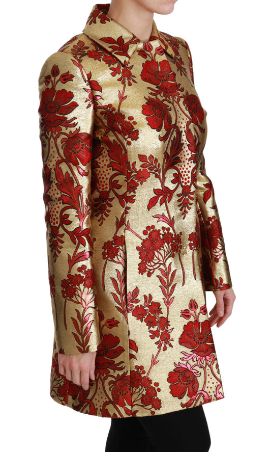 Elegant Gold Floral Brocade Trench Coat