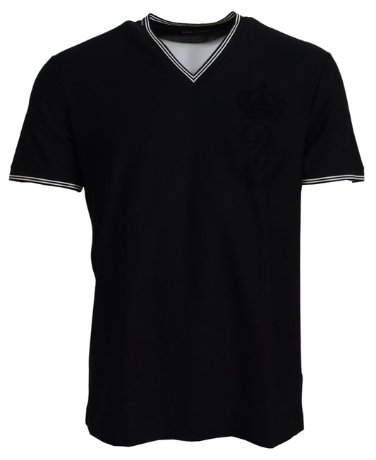 Elegant V-Neck Black Cotton T-Shirt