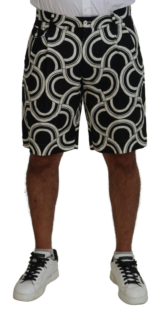 Black White Patterned Linen Bermuda Shorts