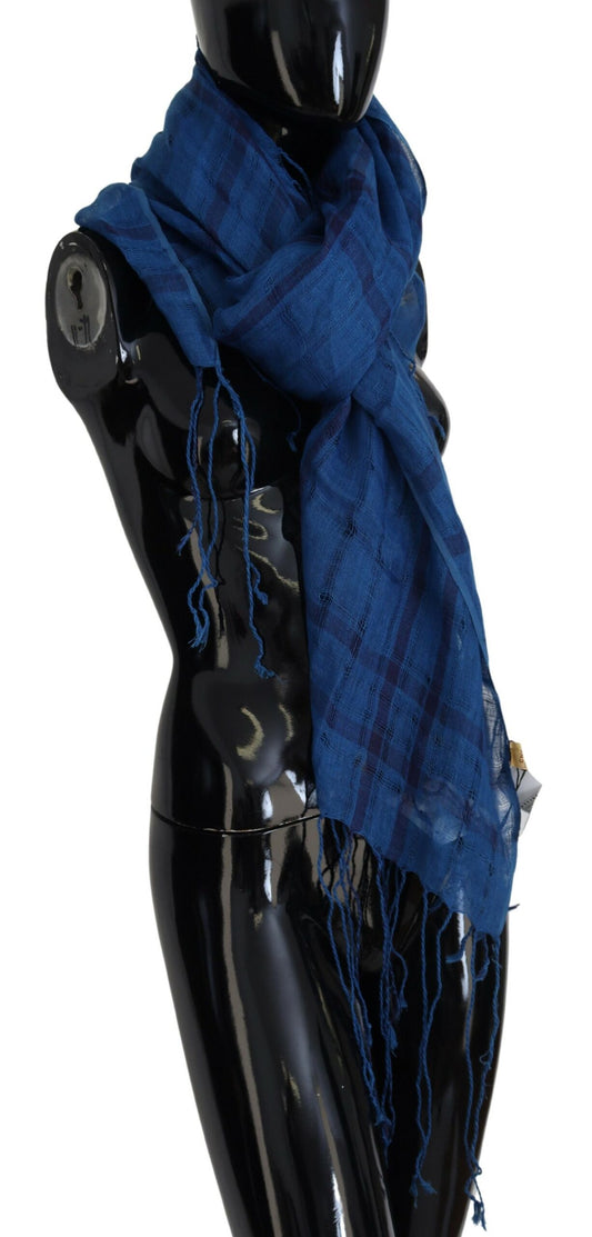 Blue Linen Shawl Foulard Fringes Scarf