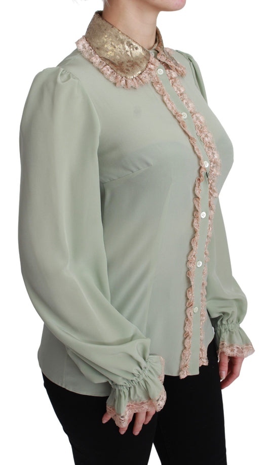 Elegant Mint Green Silk Blend Sequin Collar Top