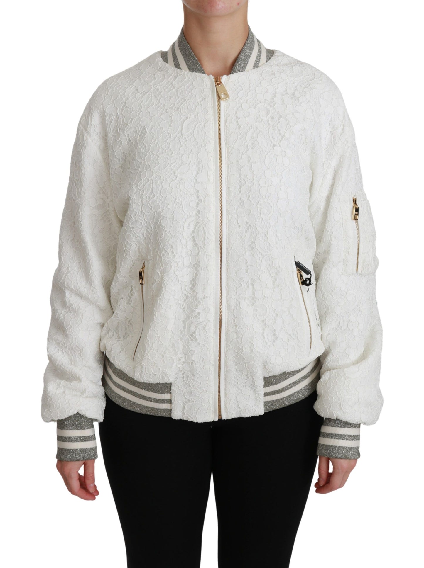 Elegant White Lace Bomber Jacket