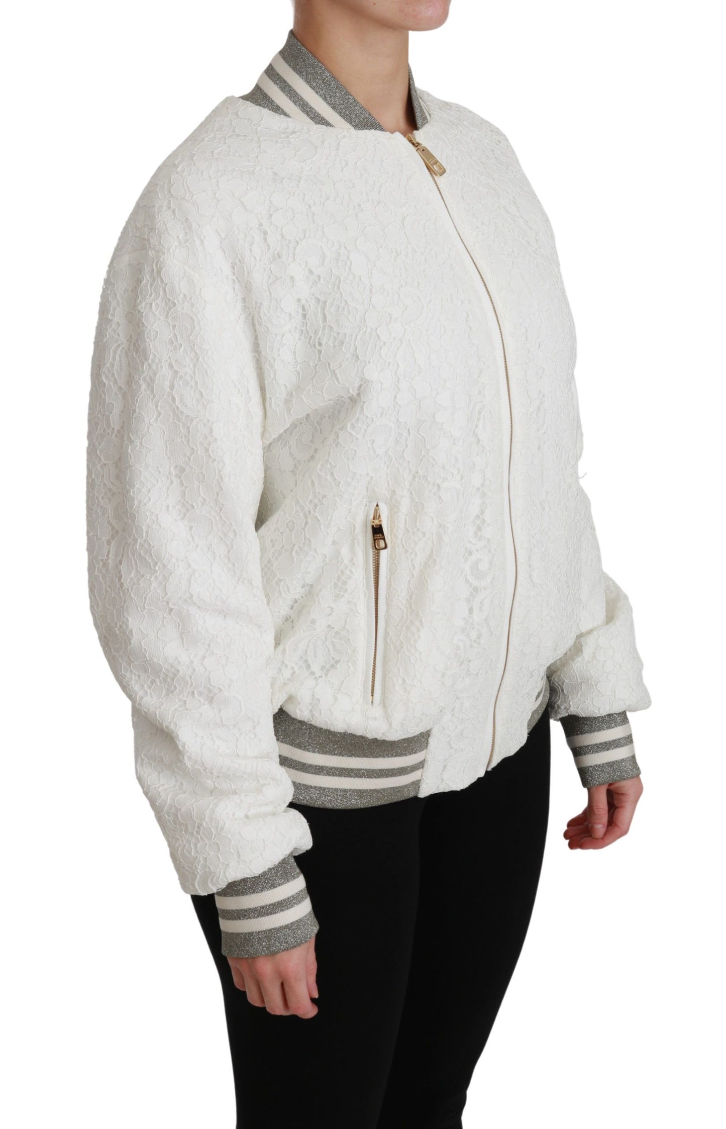 Elegant White Lace Bomber Jacket