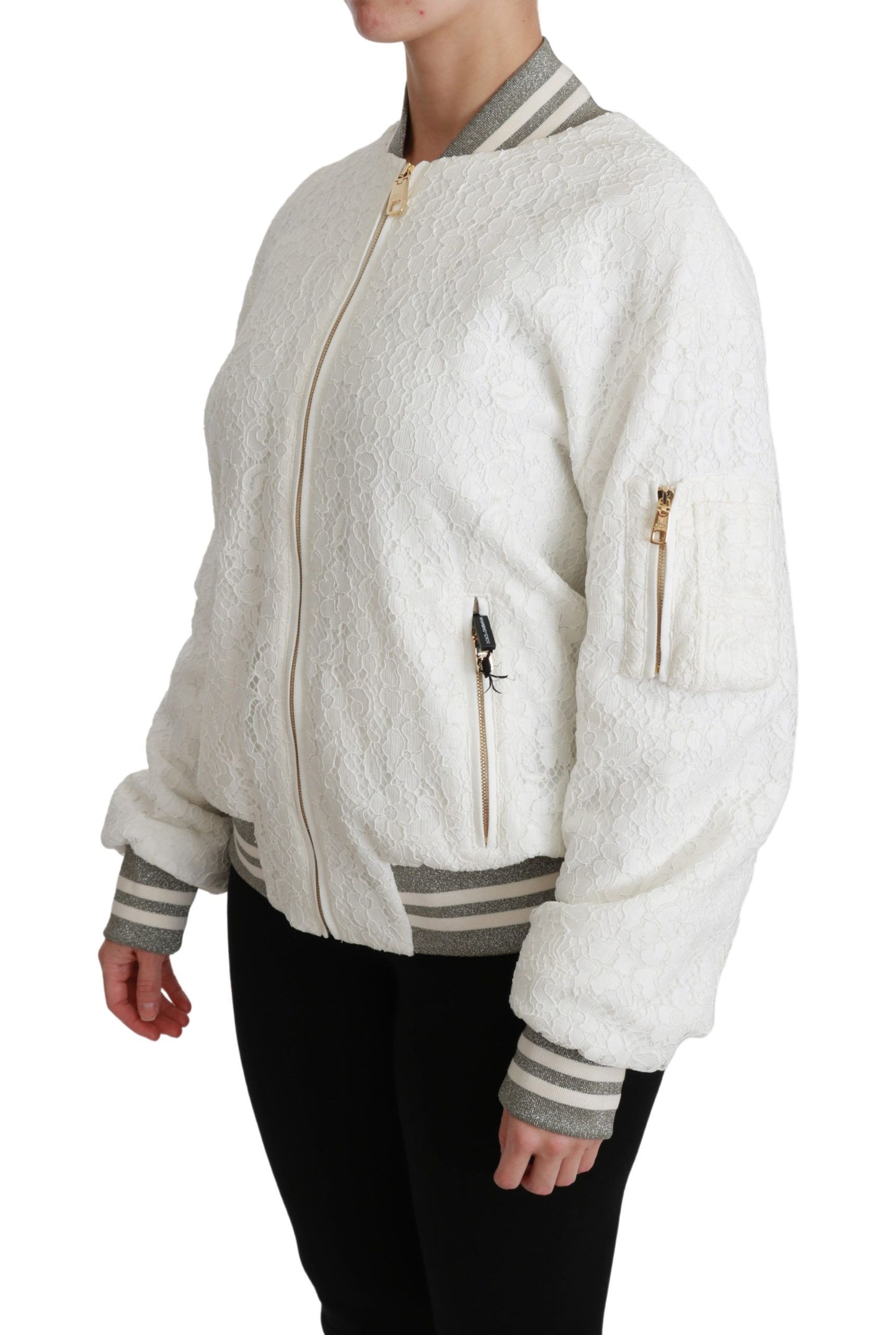 Elegant White Lace Bomber Jacket