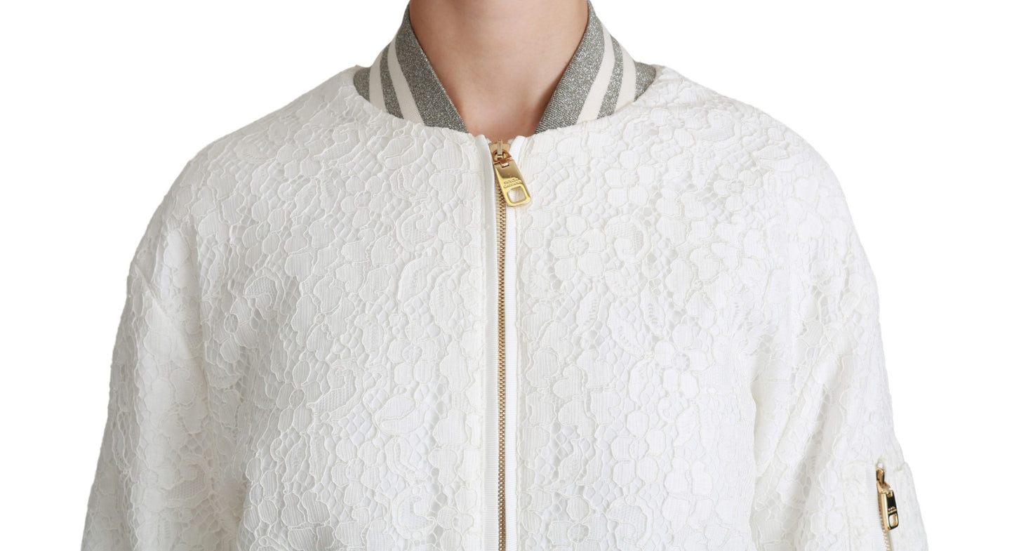 Elegant White Lace Bomber Jacket