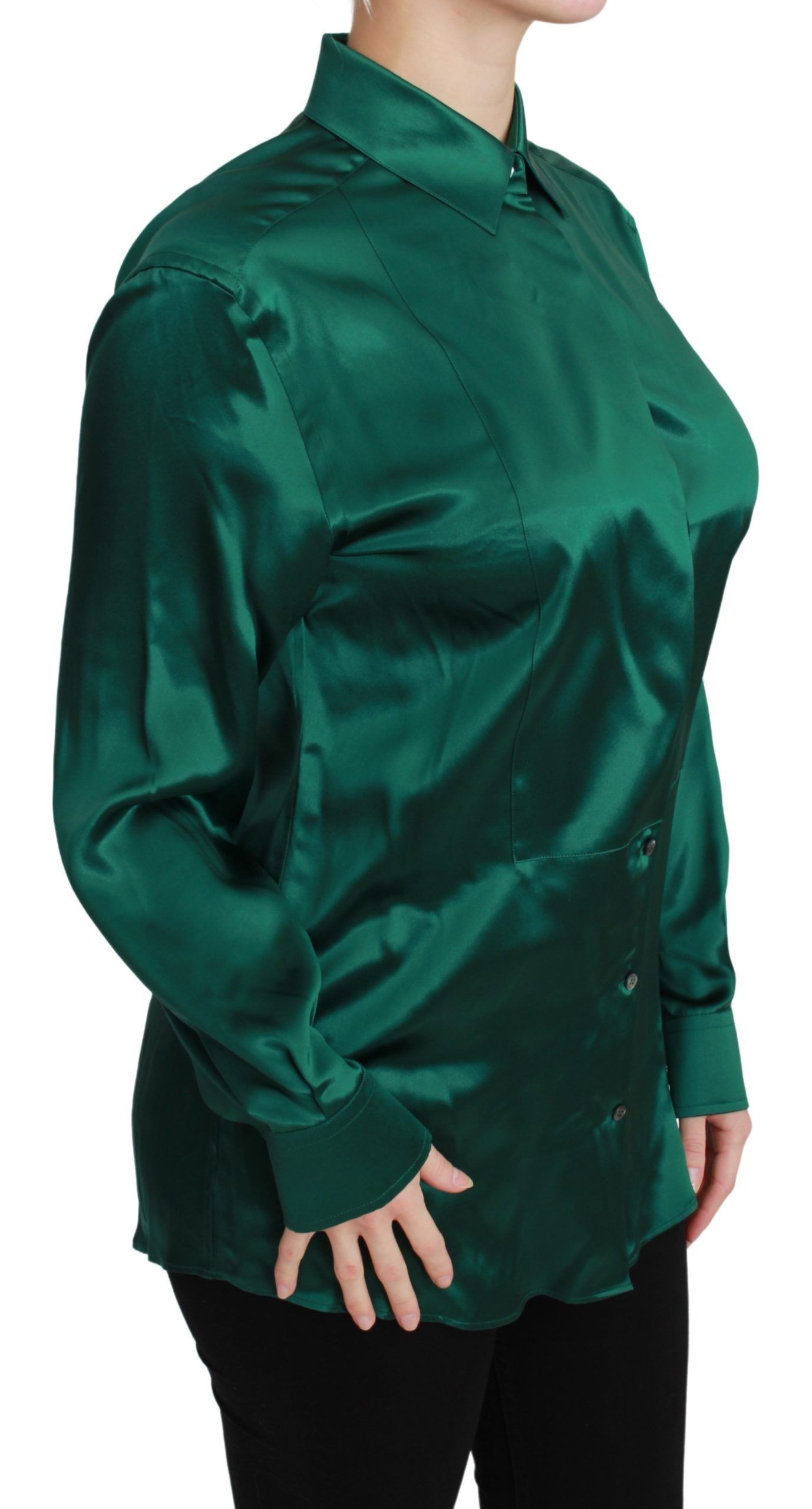 Elegant Silk Collared Blouse in Lush Green