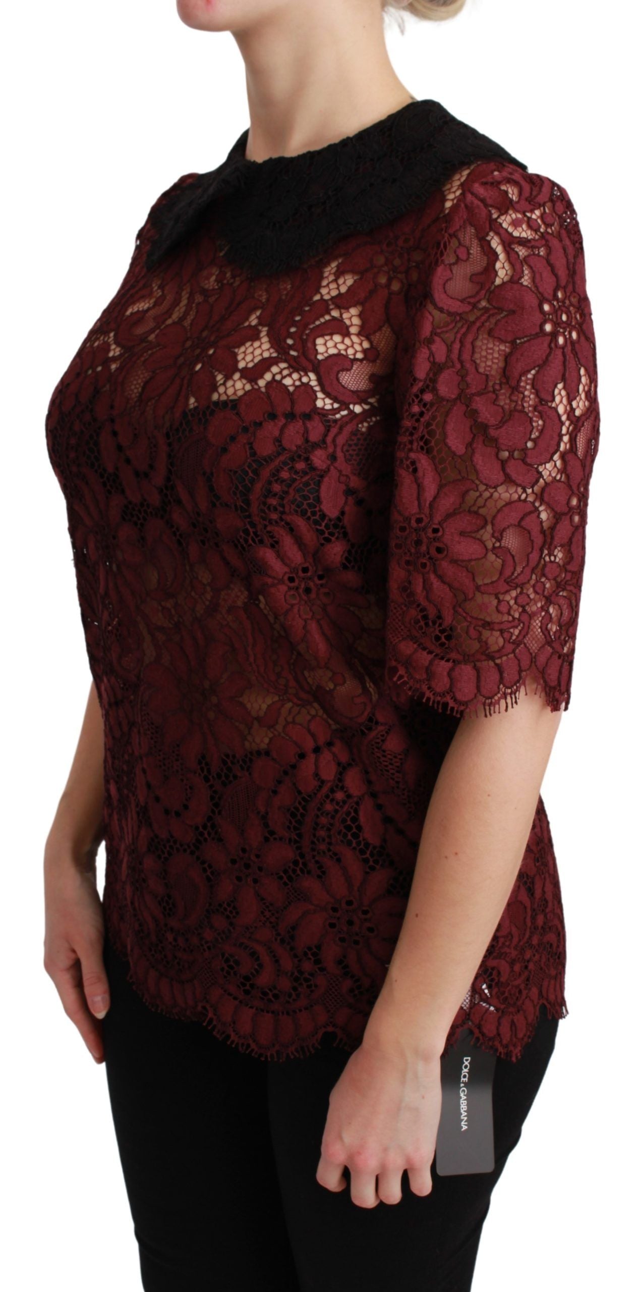 Maroon Floral Lace Short Sleeve Blouse