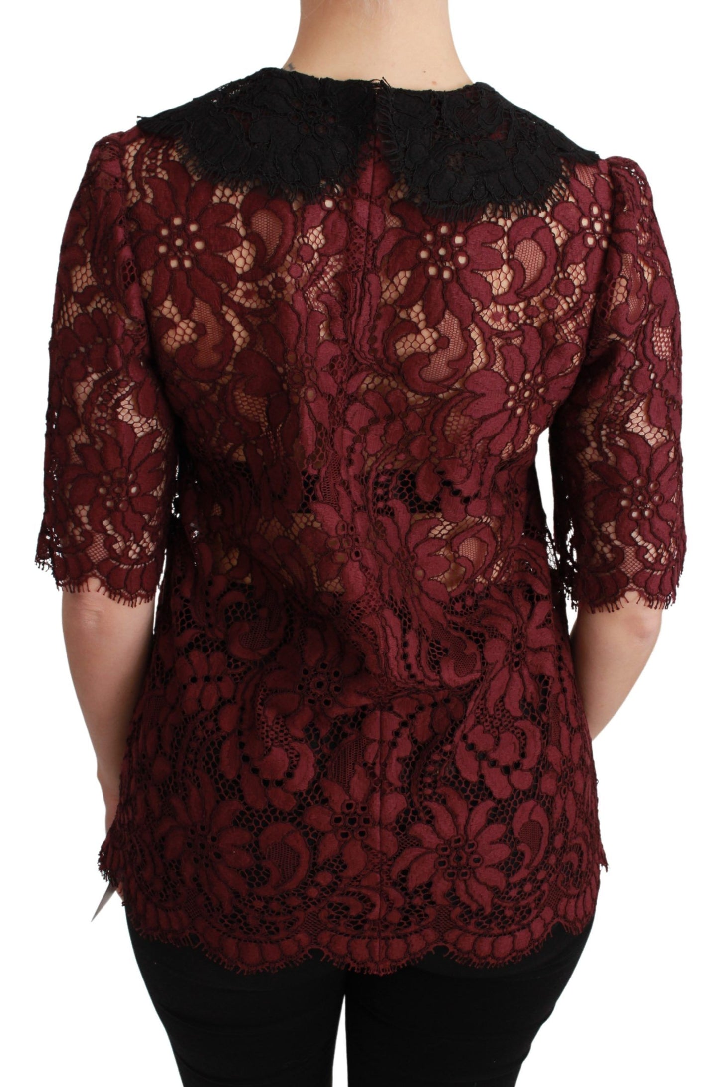 Maroon Floral Lace Short Sleeve Blouse