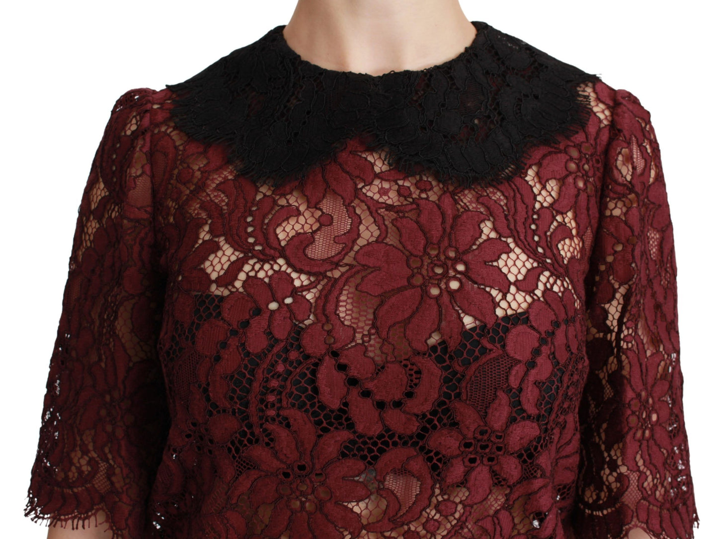 Maroon Floral Lace Short Sleeve Blouse