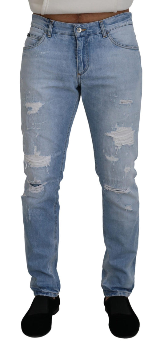 Elegant Light Blue Tattered Denim Pants