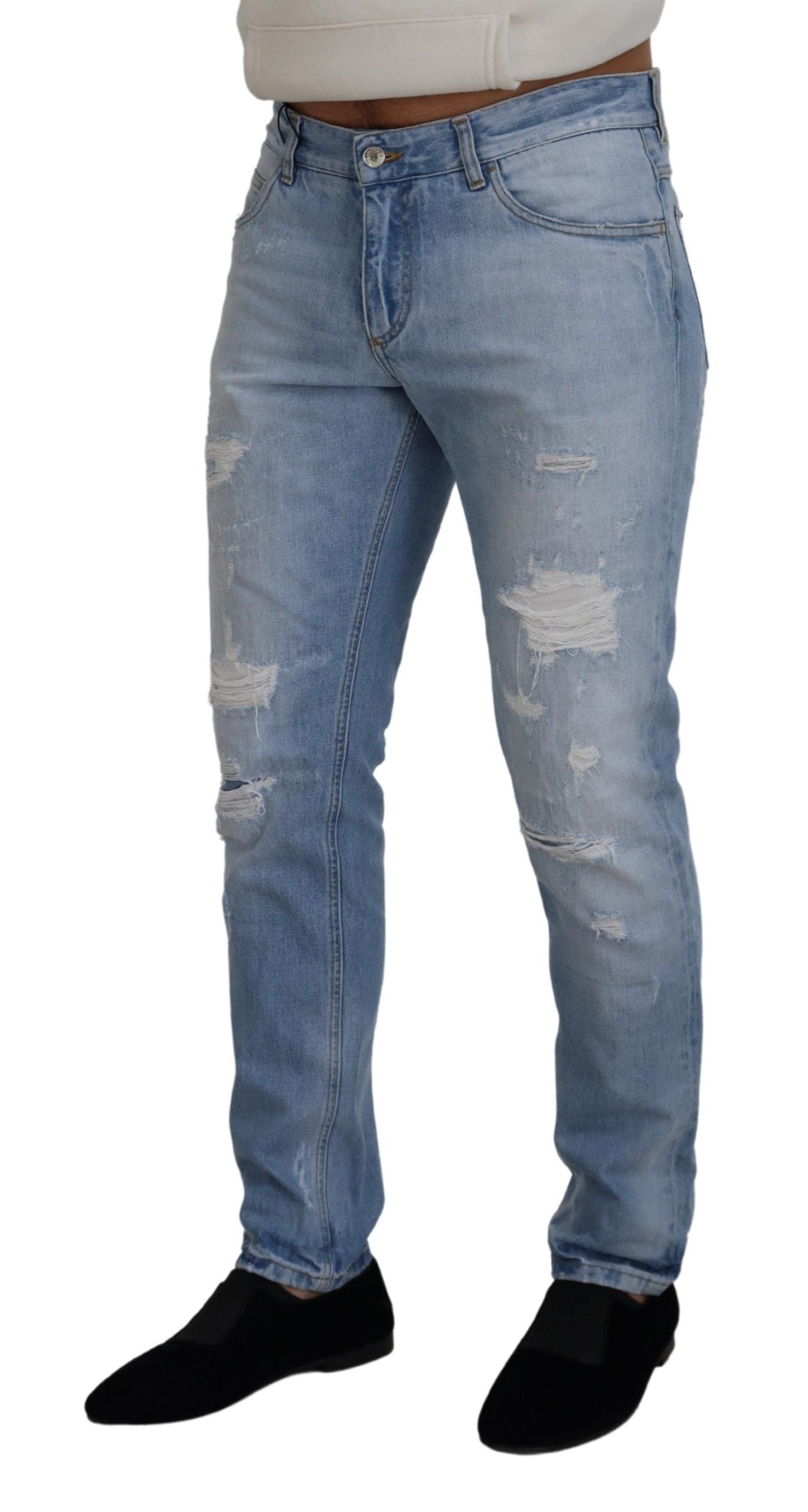 Elegant Light Blue Tattered Denim Pants