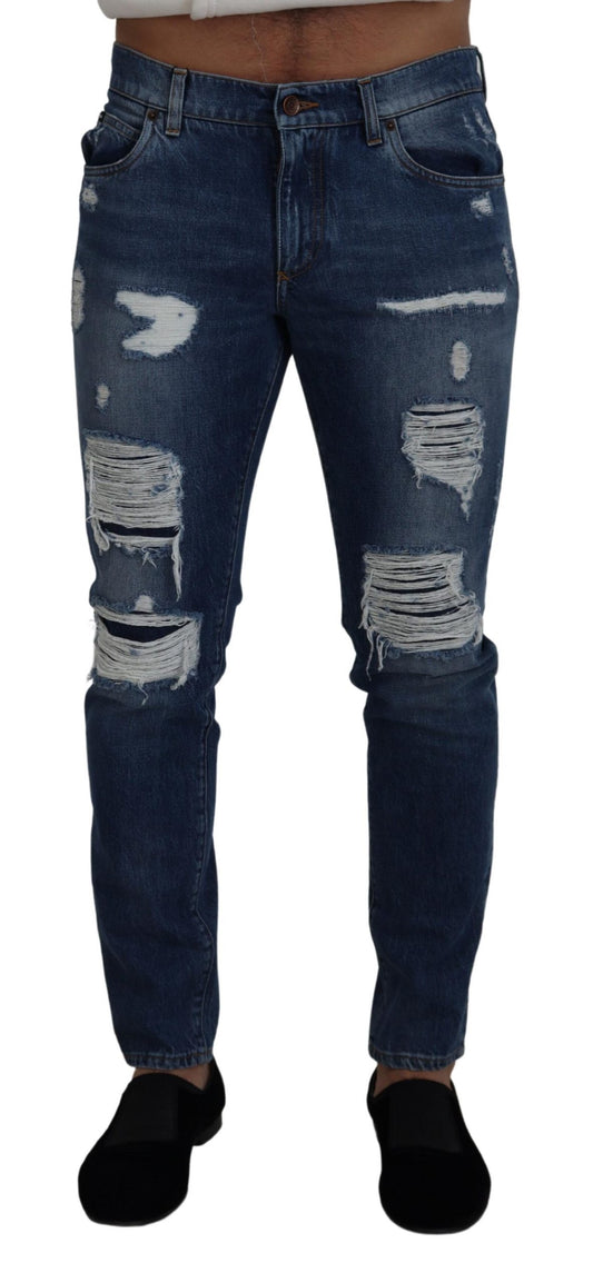 Elegant Tattered Blue Denim Pants