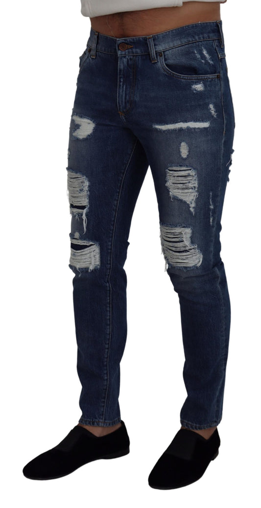 Elegant Tattered Blue Denim Pants