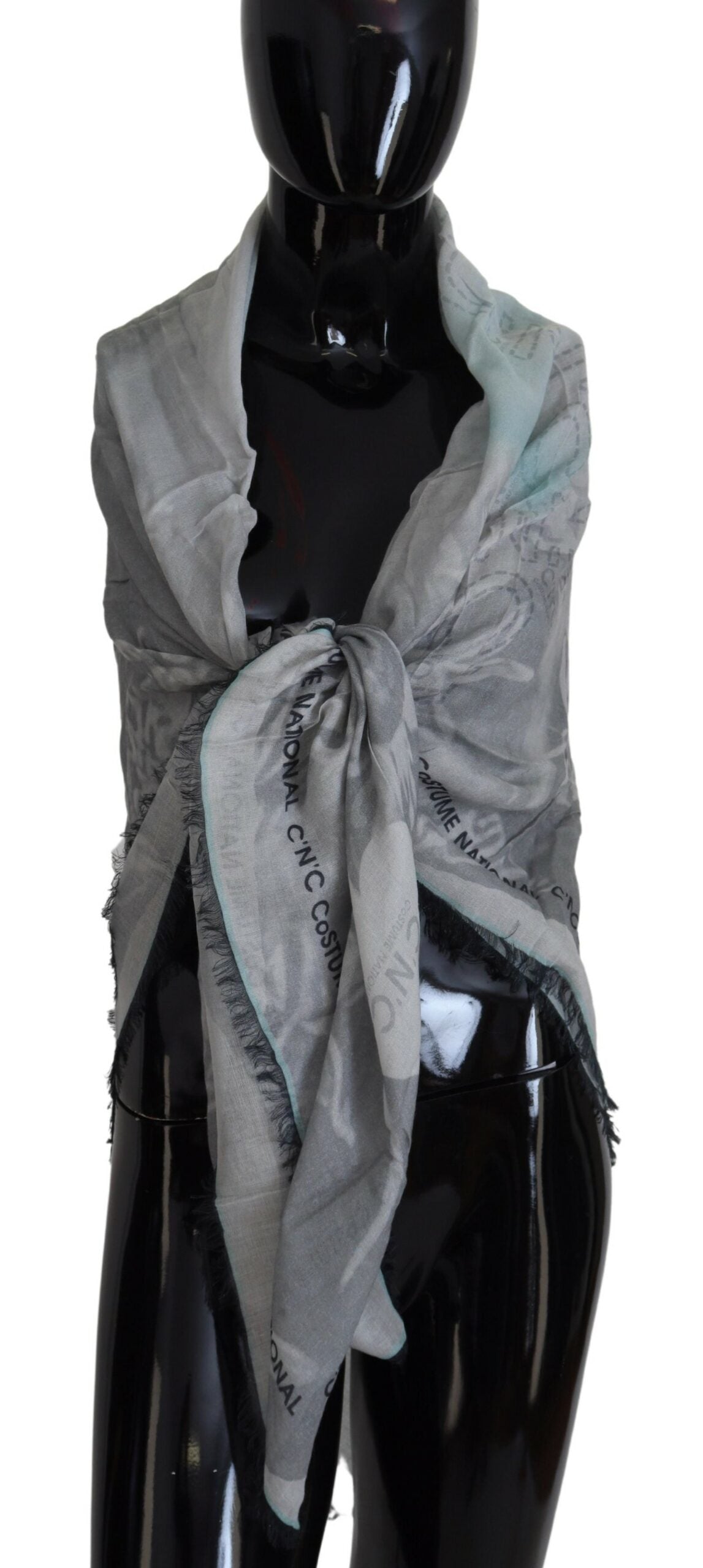 Gray Print Shawl Foulard Fringes Scarf