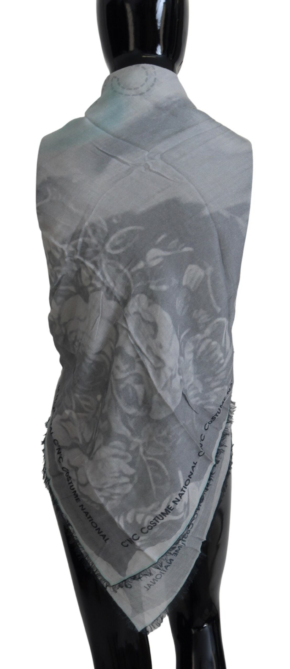 Gray Print Shawl Foulard Fringes Scarf