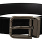 Elegant Black Leather Belt with Silver Tone Buckle